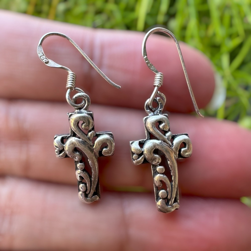 VTG Artisan Cross Earrings 1.4 Inch Hook Dangle Floral Paisley 925 Sterling 2.9g